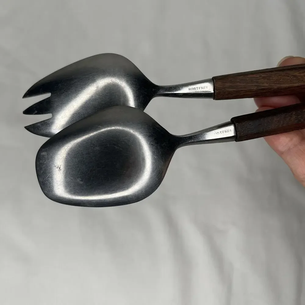 Vintage Rostfrei Salad Serving Set Fork & Spoon wooden handles & stainless steel